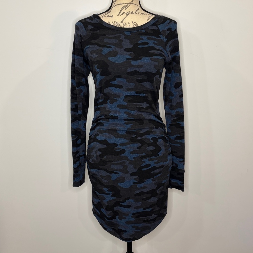 Sundry stretch ruched sweatshirt dress French terry backing blue camouflage XS - Picture 3 of 7